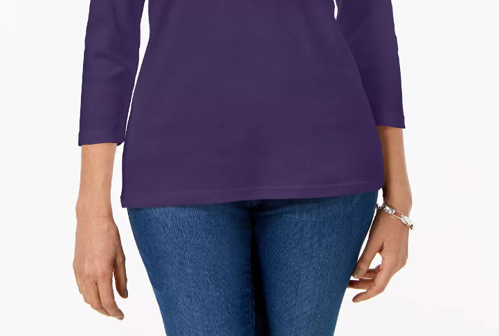 Karen Scott Top feminino de algodão com decote redondo, tamanho pequeno, roxo, tamanho médio