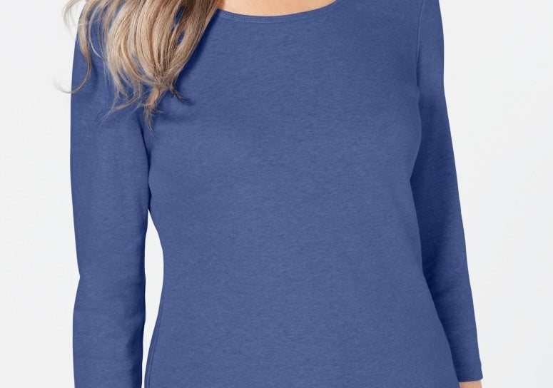 Karen Scott Top feminino de algodão com decote redondo, tamanho pequeno, azul, tamanho grande