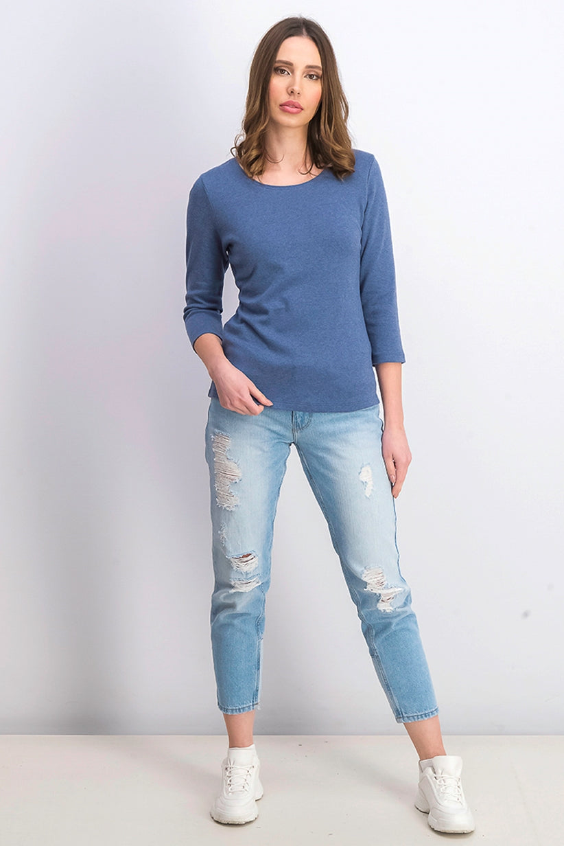 Karen Scott Top feminino de algodão com decote redondo, tamanho pequeno, azul, pequeno