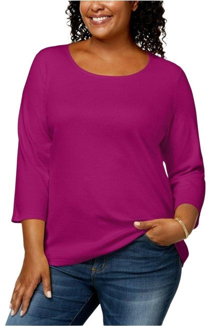 Karen Scott Top feminino de algodão com decote redondo, tamanho pequeno, vermelho