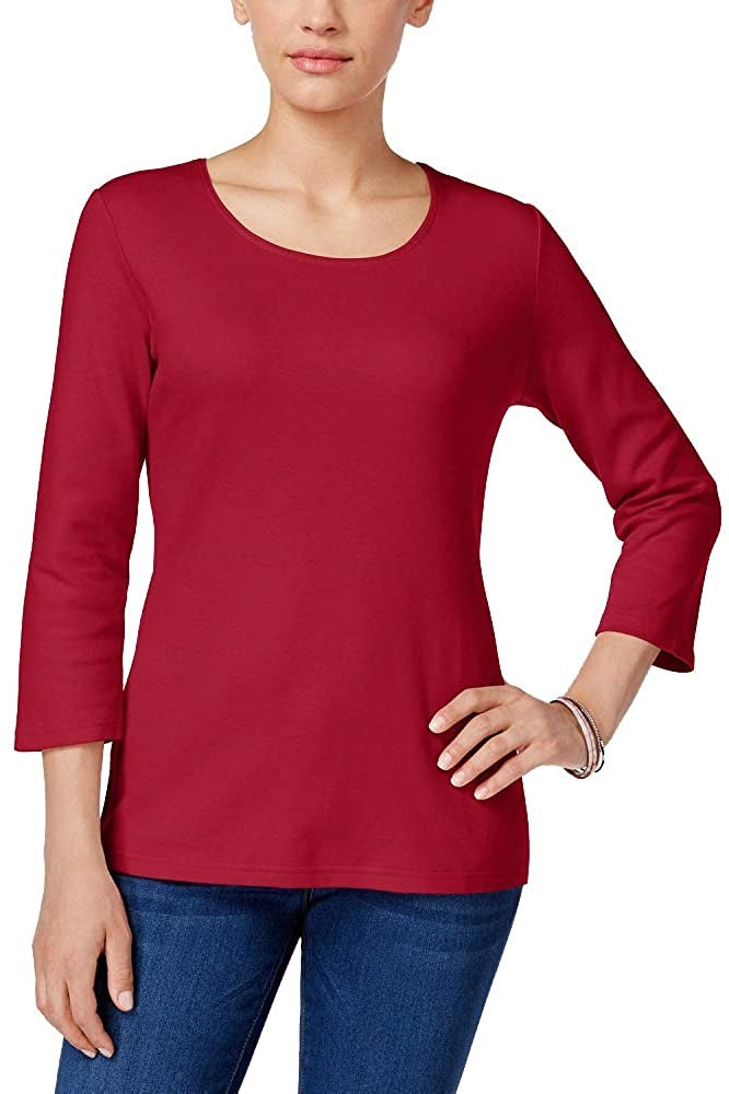 Karen Scott Top feminino de algodão com decote redondo, tamanho pequeno, vermelho brilhante