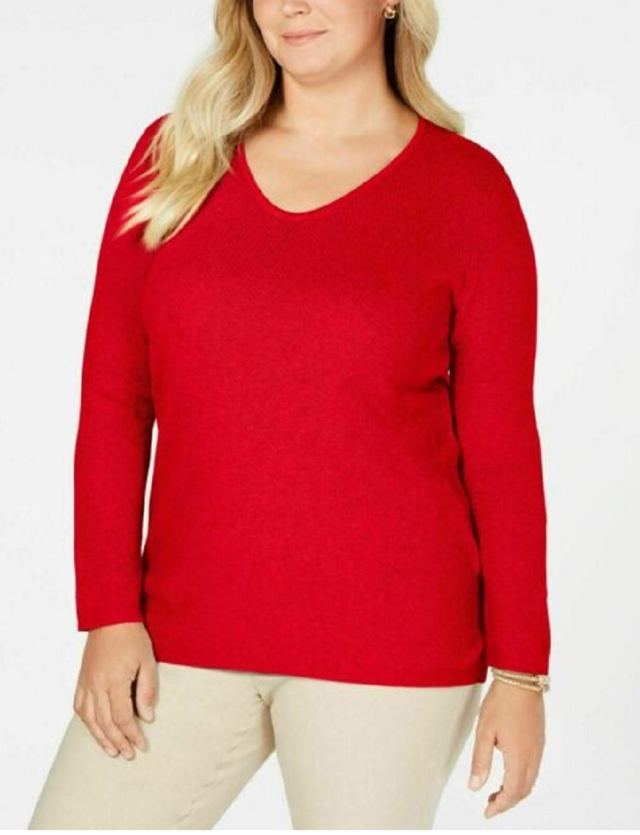 Karen Scott Top Plus Size Feminino de Algodão com Decote Redondo Vermelho Tamanho 1X