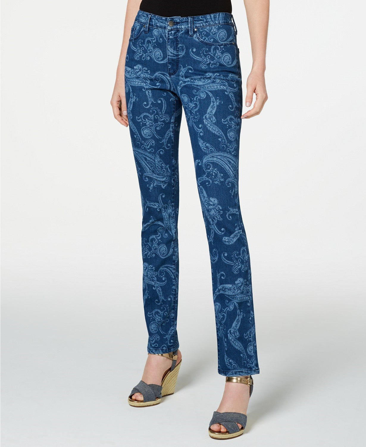 Calça jeans feminina Charter Club com estampa paisley e perna reta, azul médio, tamanho 16