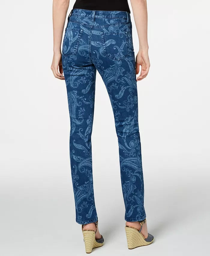 Calça jeans feminina Charter Club com estampa paisley e perna reta, azul médio, tamanho 16