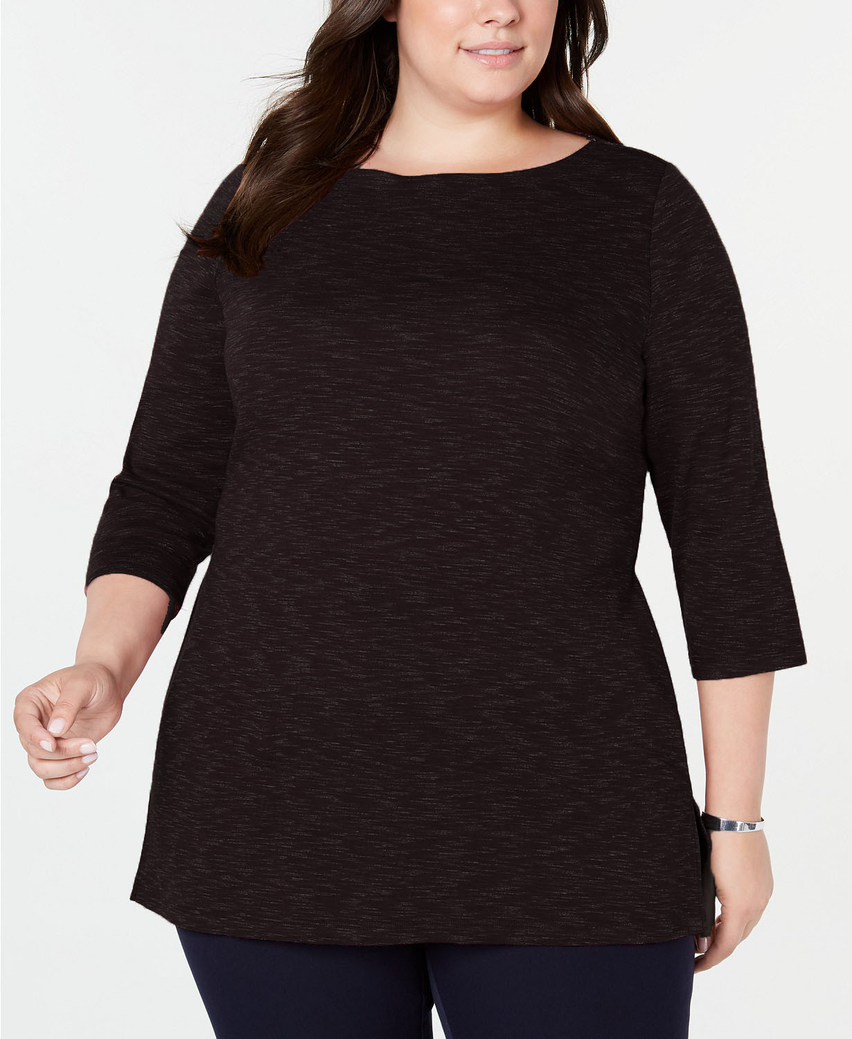 Karen Scott Blusa Plus Size Feminina Space-Dye Manga 3/4 Preta Tamanho 1X