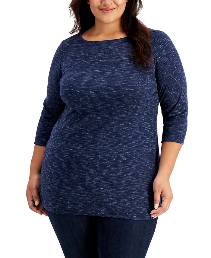 Karen Scott Blusa Plus Size Feminina Space-Dye Manga 3/4 Azul Marinho Tamanho 0X