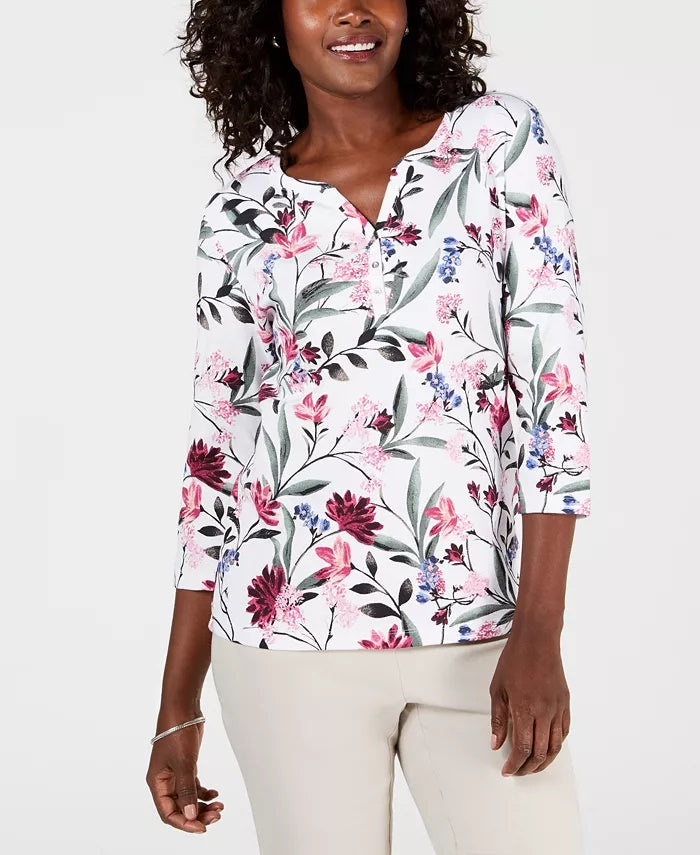 Karen Scott Top Henley Estampado Feminino Branco Tamanho Pequeno