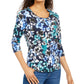 Karen Scott Blusa feminina pequena estampada com manga 3/4, azul, tamanho P/S, pequena