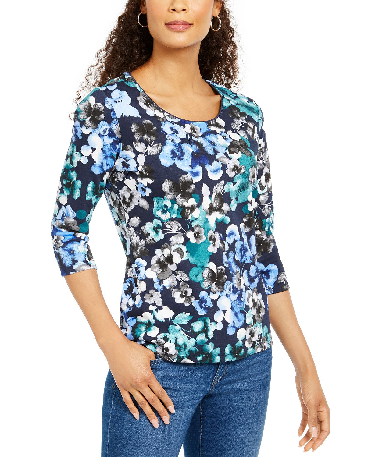 Karen Scott Blusa feminina pequena estampada com manga 3/4, azul, tamanho P/S, pequena