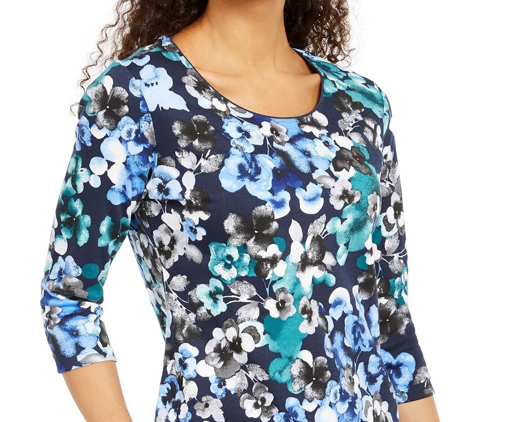 Karen Scott Blusa feminina pequena estampada com manga 3/4, azul, tamanho P/S, pequena