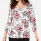 Karen Scott Top feminino estampado com decote redondo e tamanho pequeno Mellow Rose