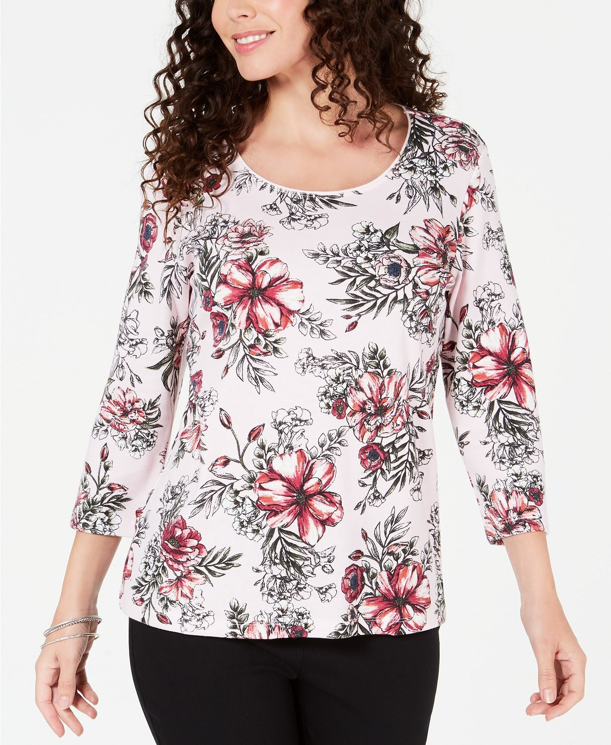Karen Scott Top feminino estampado com decote redondo e tamanho pequeno Mellow Rose
