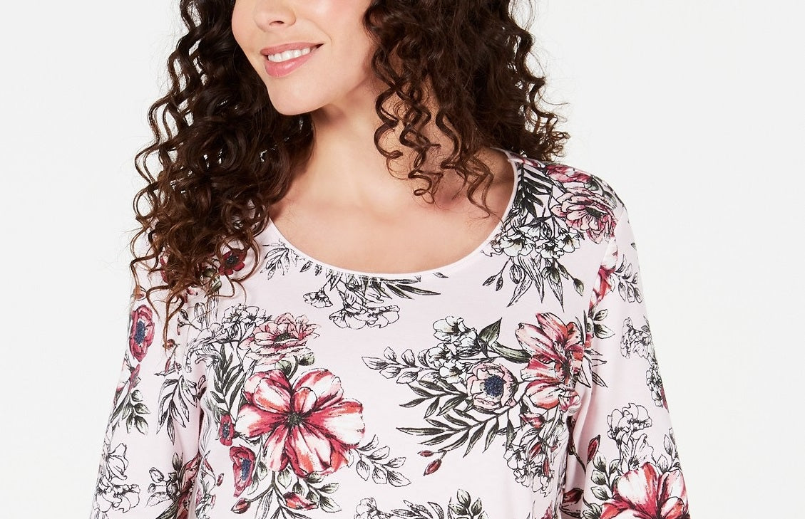 Karen Scott Top feminino estampado com decote redondo e tamanho pequeno Mellow Rose