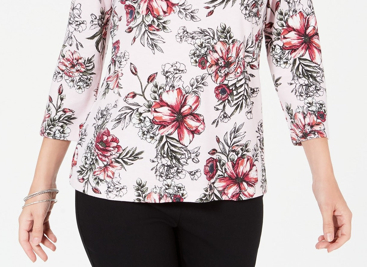 Karen Scott Top feminino estampado com decote redondo e tamanho pequeno Mellow Rose