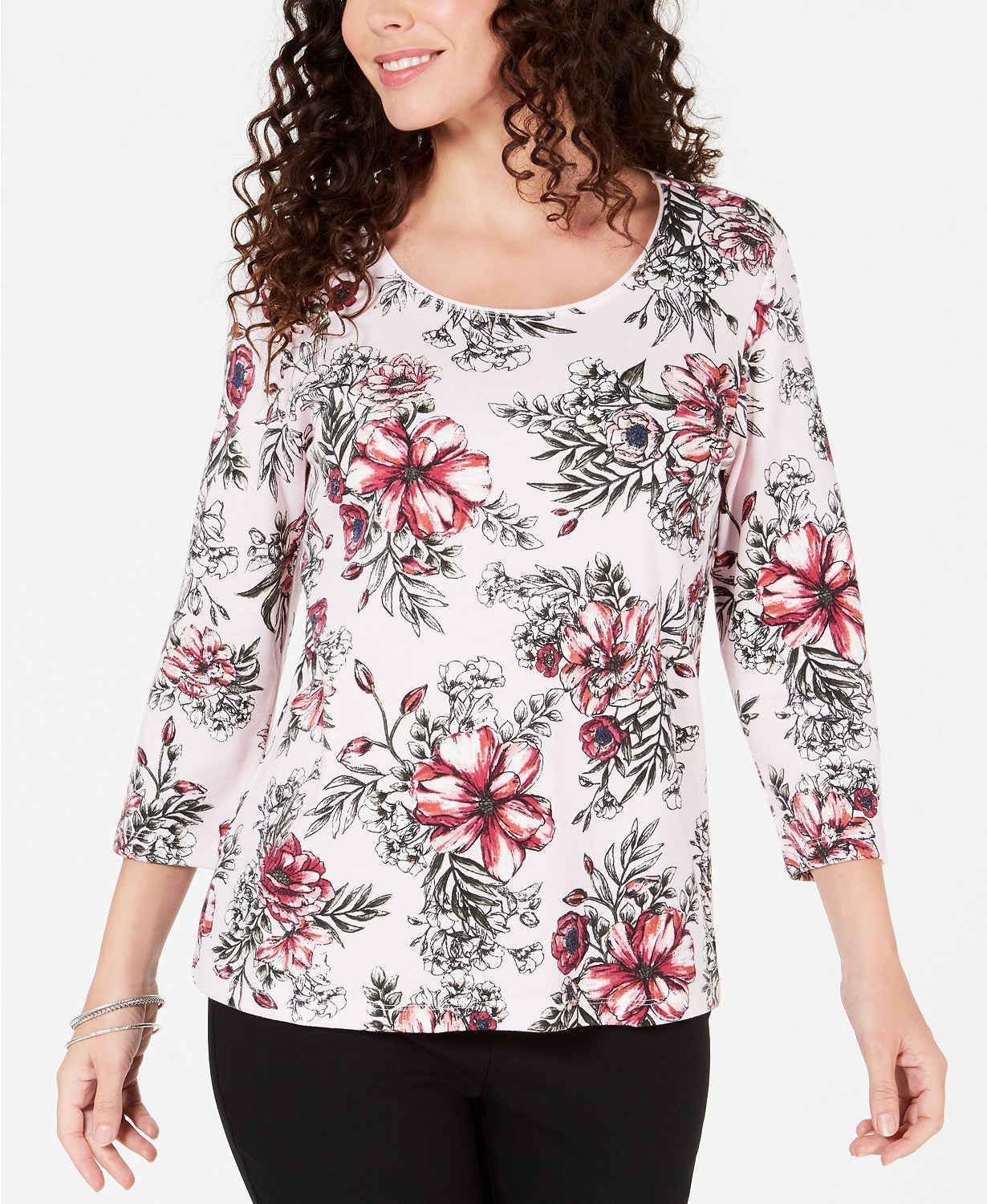 Karen Scott Top feminino estampado com decote redondo, tamanho 44, vermelho
