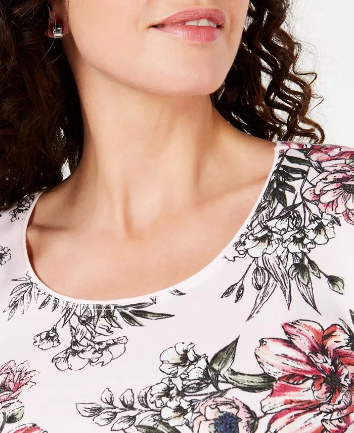 Karen Scott Top feminino estampado com decote redondo, tamanho 44, vermelho