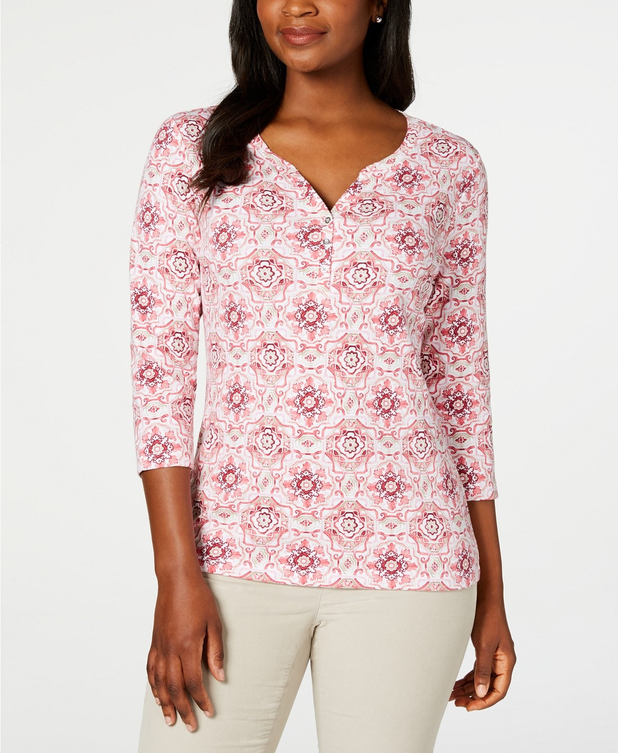 Karen Scott Blusa Henley Feminina Estampada Manga 3/4 Mellow Rose Tamanho Pequeno
