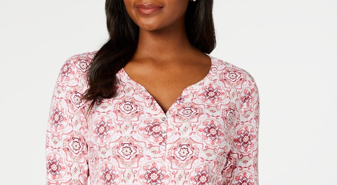 Karen Scott Blusa Henley Feminina Estampada Manga 3/4 Mellow Rose Tamanho Pequeno