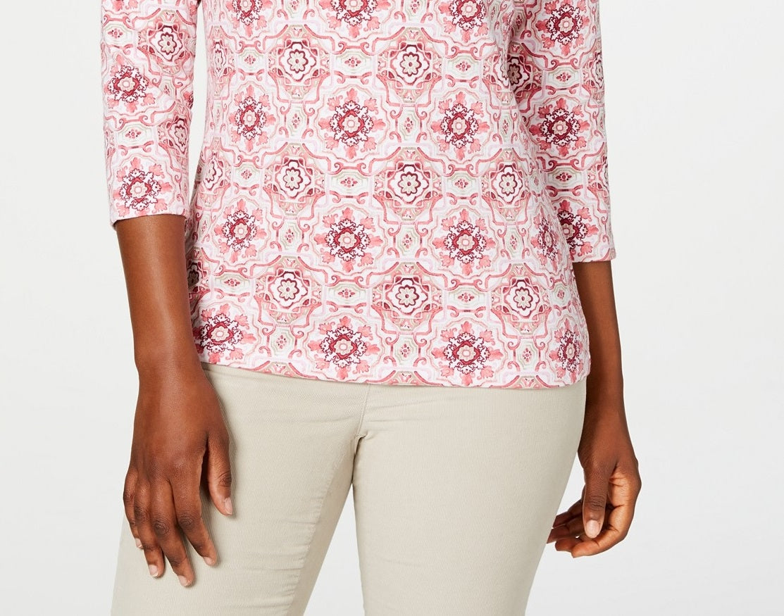Karen Scott Blusa Henley Feminina Estampada Manga 3/4 Mellow Rose Tamanho Pequeno