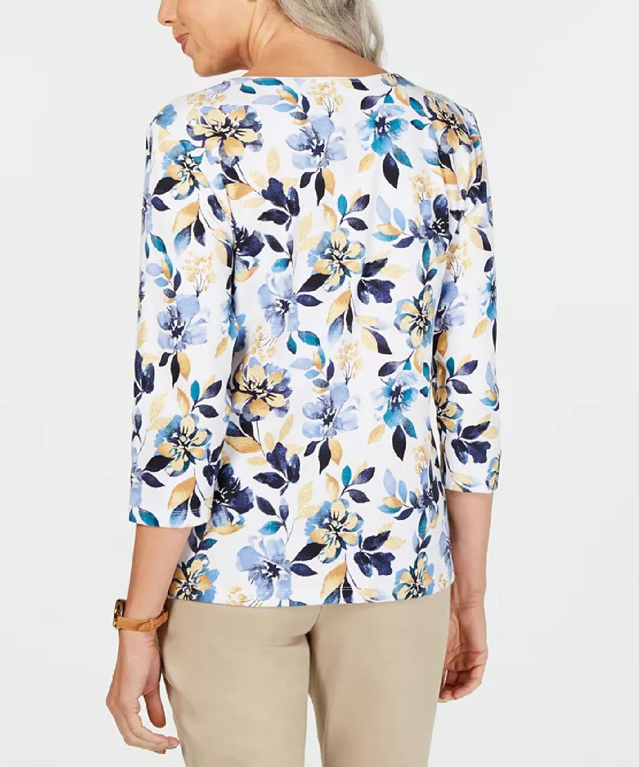 Karen Scott Blusa Feminina Petite Estampa Floral Manga 3/4 Azul Tamanho P