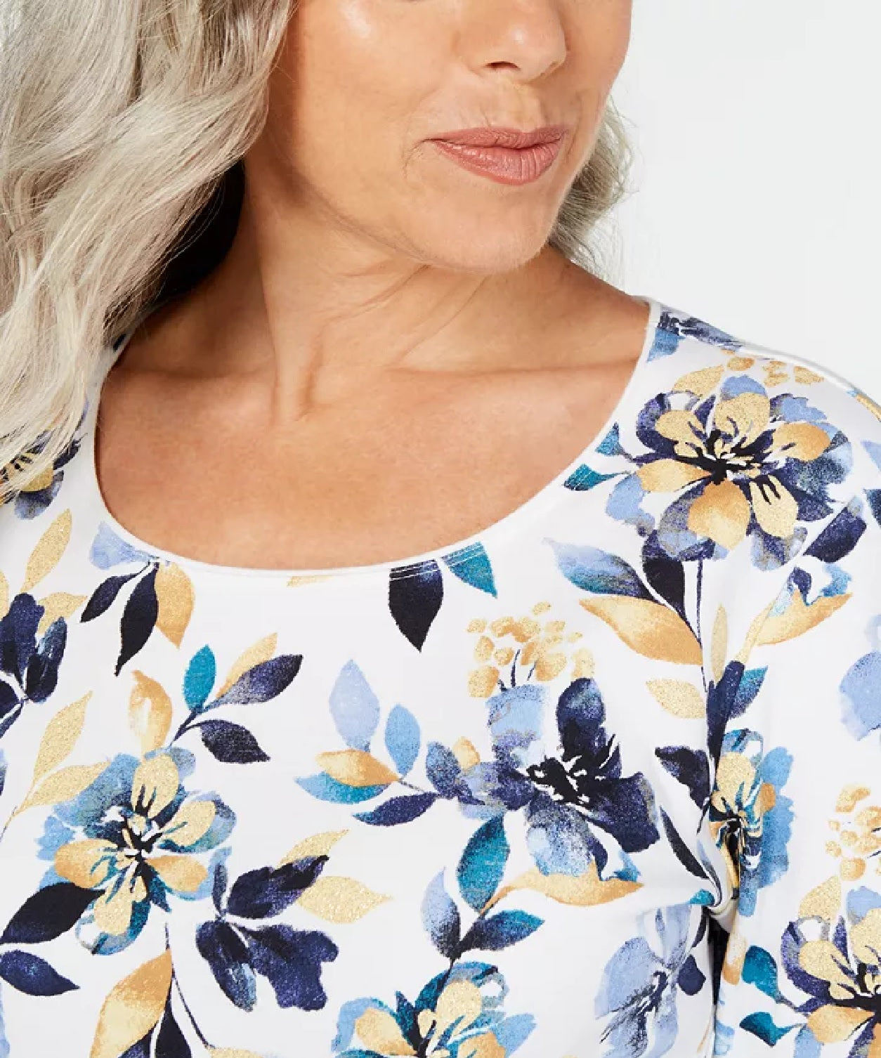 Karen Scott Blusa Feminina Petite Estampa Floral Manga 3/4 Azul Tamanho P
