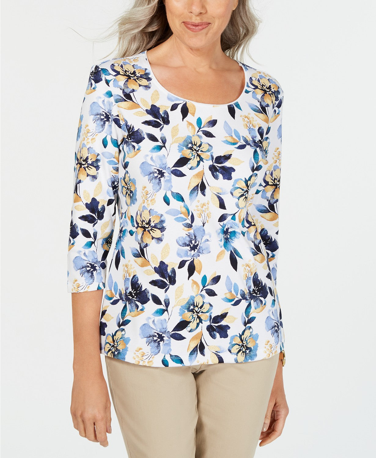 Karen Scott Blusa Feminina Petite Estampa Floral Manga 3/4 Azul Tamanho P