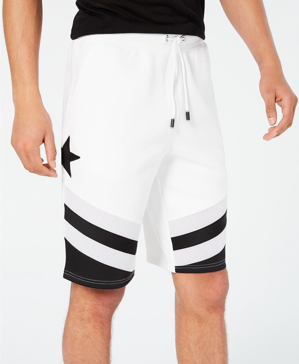 INC International Concepts Shorts Masculino Preto com Cordão e Listras em Malha Branca Tamanho Extra Grande