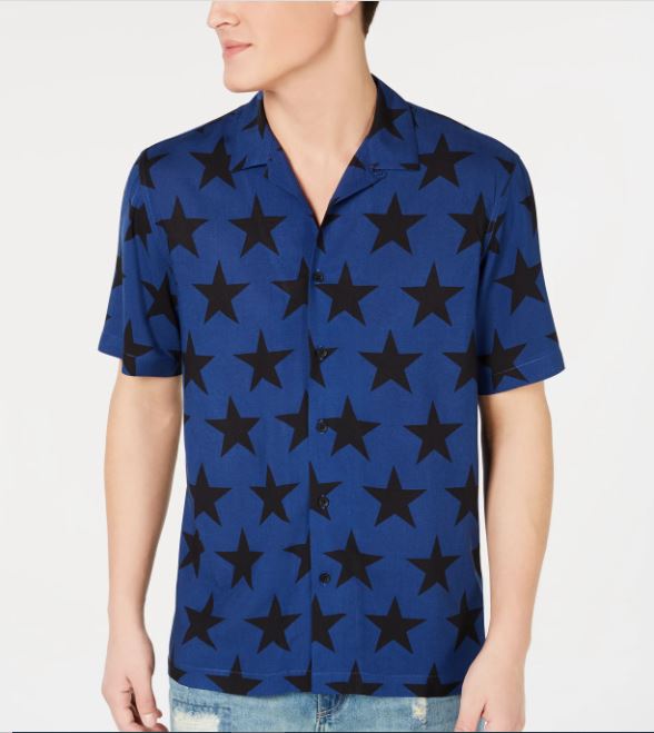 Camisa masculina American Rag com estampa de estrela e gola camp, azul marinho, tamanho extragrande