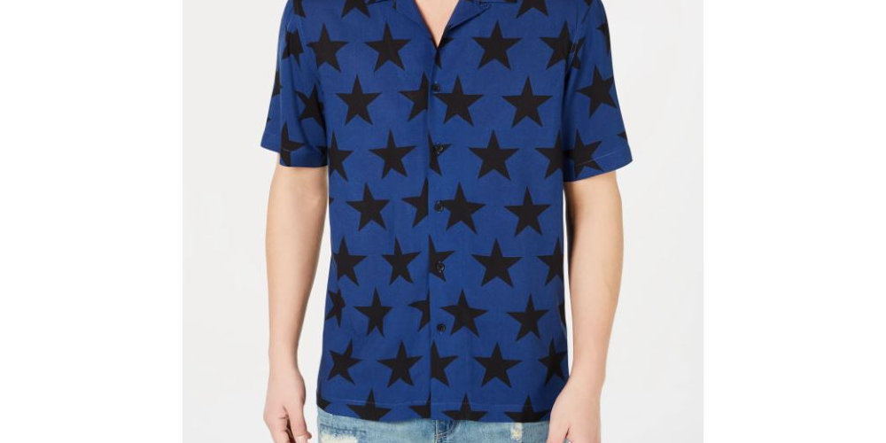 Camisa masculina American Rag com estampa de estrela e gola camp, azul marinho, tamanho extragrande