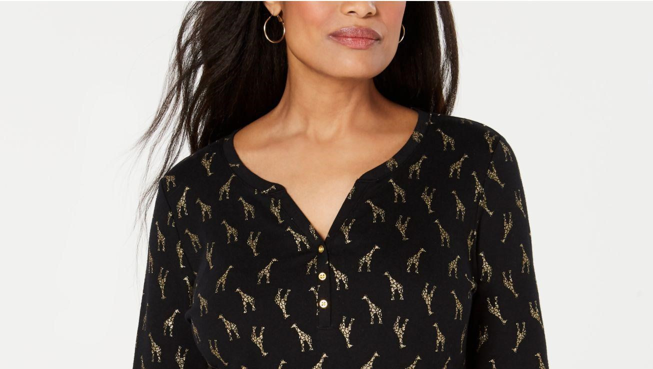 Karen Scott Petite Giraffe-Print Henley Feminino Preto Tamanho P