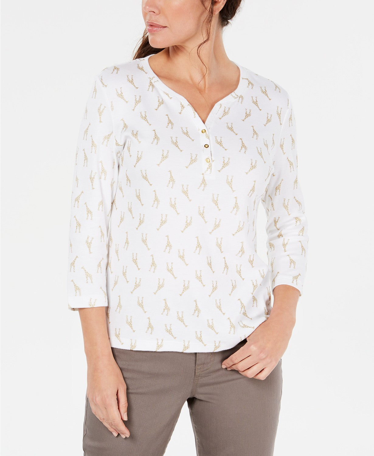 Karen Scott Petite Giraffe-Print Henley Feminino Branco Tamanho Médio