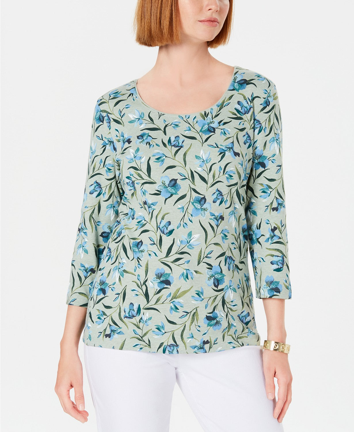 Karen Scott Audra Oasis Top decote redondo feminino, verde, tamanho médio