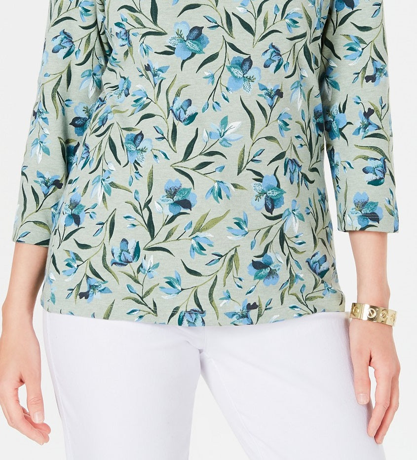 Karen Scott Audra Oasis Top decote redondo feminino, verde, tamanho médio