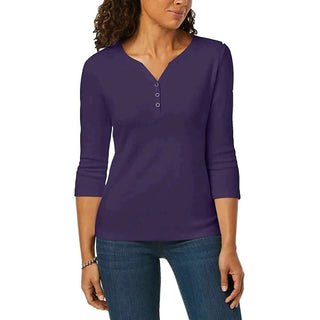 Karen Scott Blusa Henley Feminina Estampada Manga 3/4 Cinza/Roxo Tamanho Pequeno