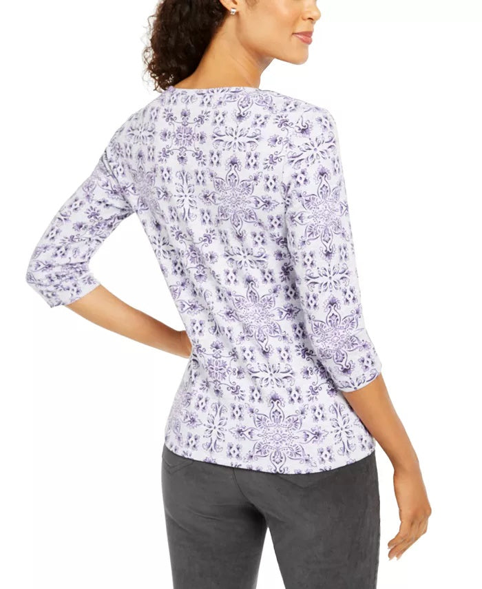 Karen Scott Blusa Henley Feminina Estampada Petite Manga 3/4 Roxa Tamanho Médio