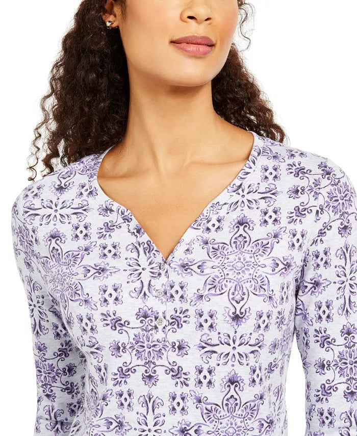 Karen Scott Blusa Henley Feminina Estampada Petite Manga 3/4 Roxa Tamanho Médio