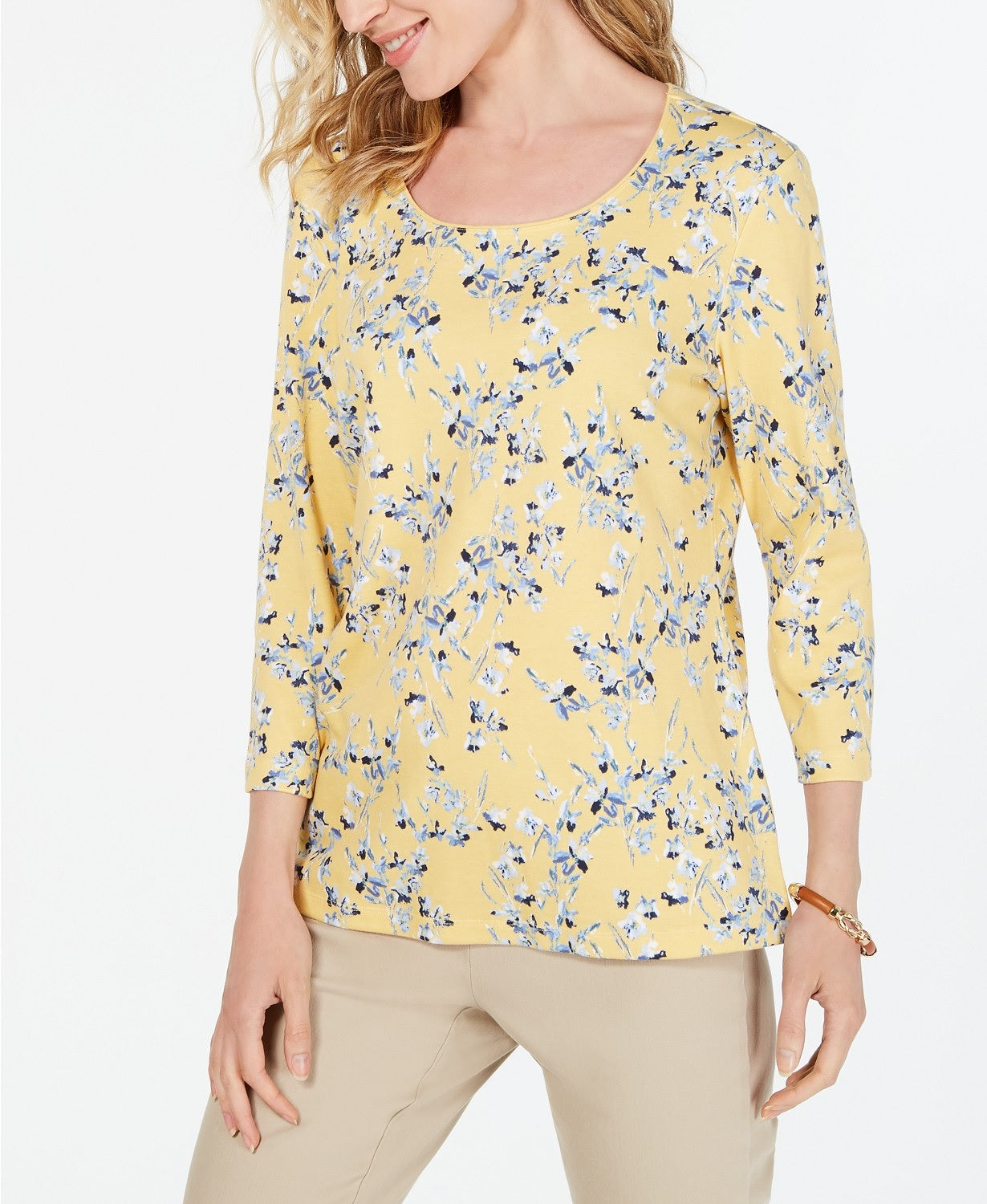 Blusa feminina Karen Scott com estampa floral e manga 3/4, tamanho pequeno, amarela