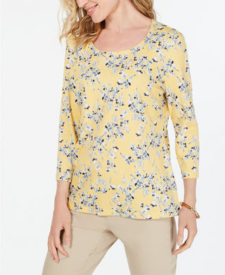 Karen Scott Women's 3/4-Sleeve Floral-Print Top  Yellow Size Petite Petite