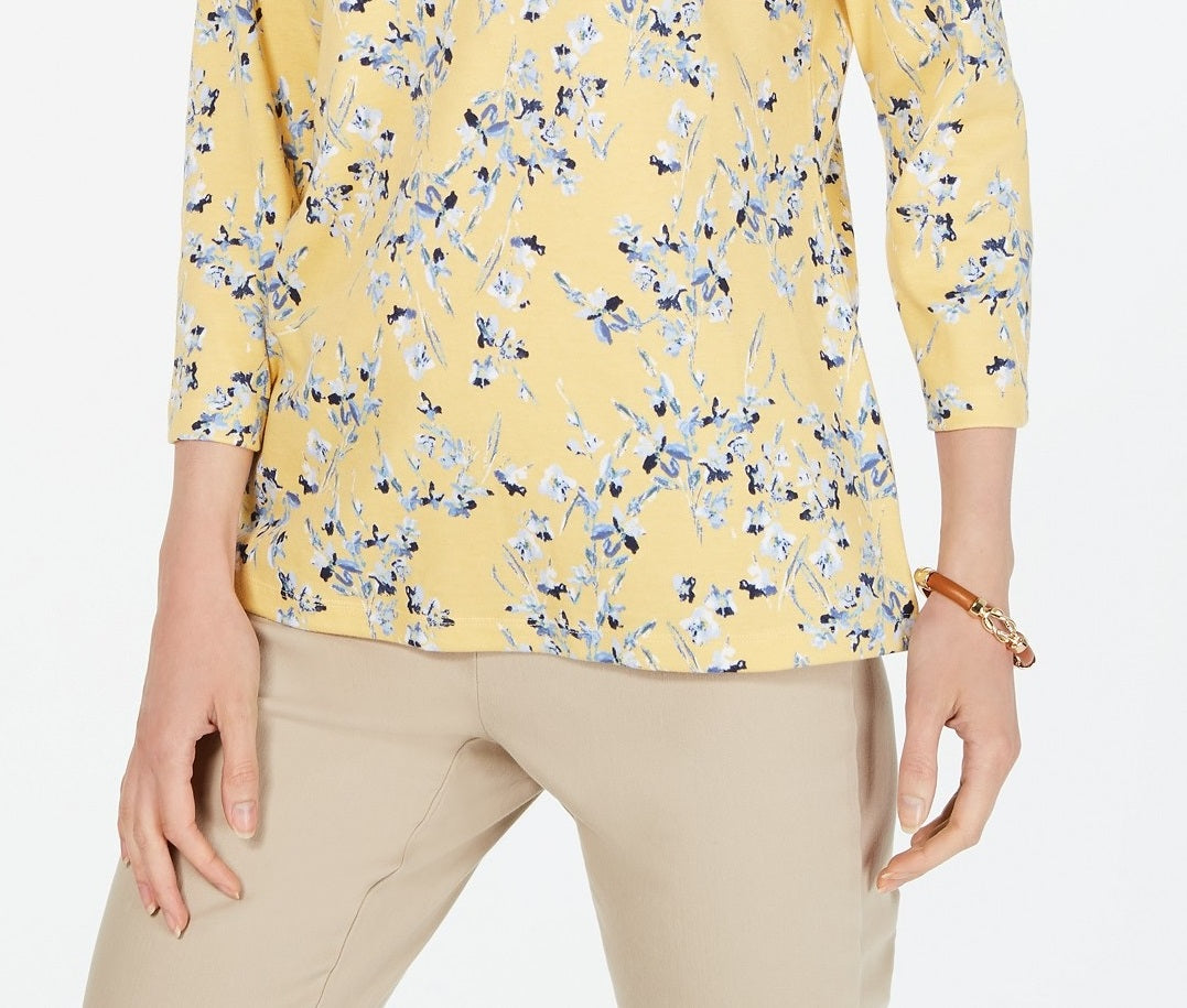 Blusa feminina Karen Scott com estampa floral e manga 3/4, tamanho pequeno, amarela
