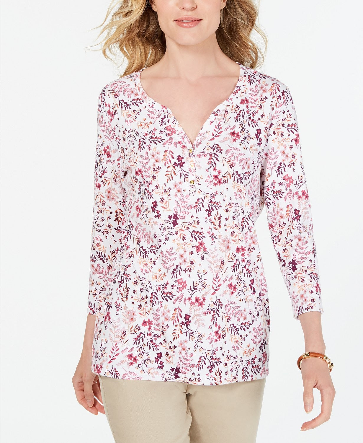 Karen Scott Top Henley Feminino Petite com Estampa Floral Branco Tamanho Petite Pequeno