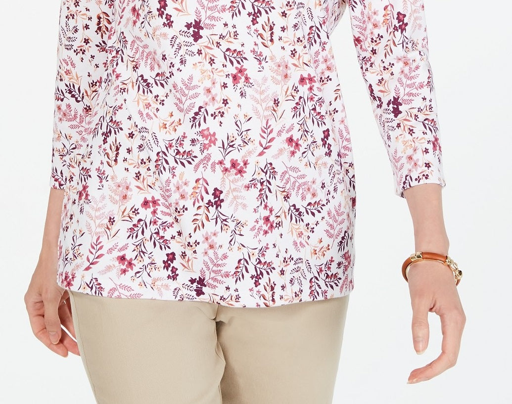 Karen Scott Top Henley Feminino Petite com Estampa Floral Branco Tamanho Petite Pequeno
