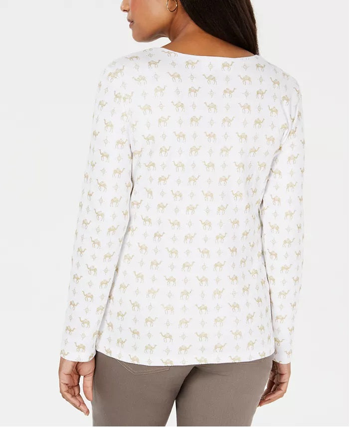 Karen Scott Top feminino pequeno com estampa de camelo, branco, tamanho médio