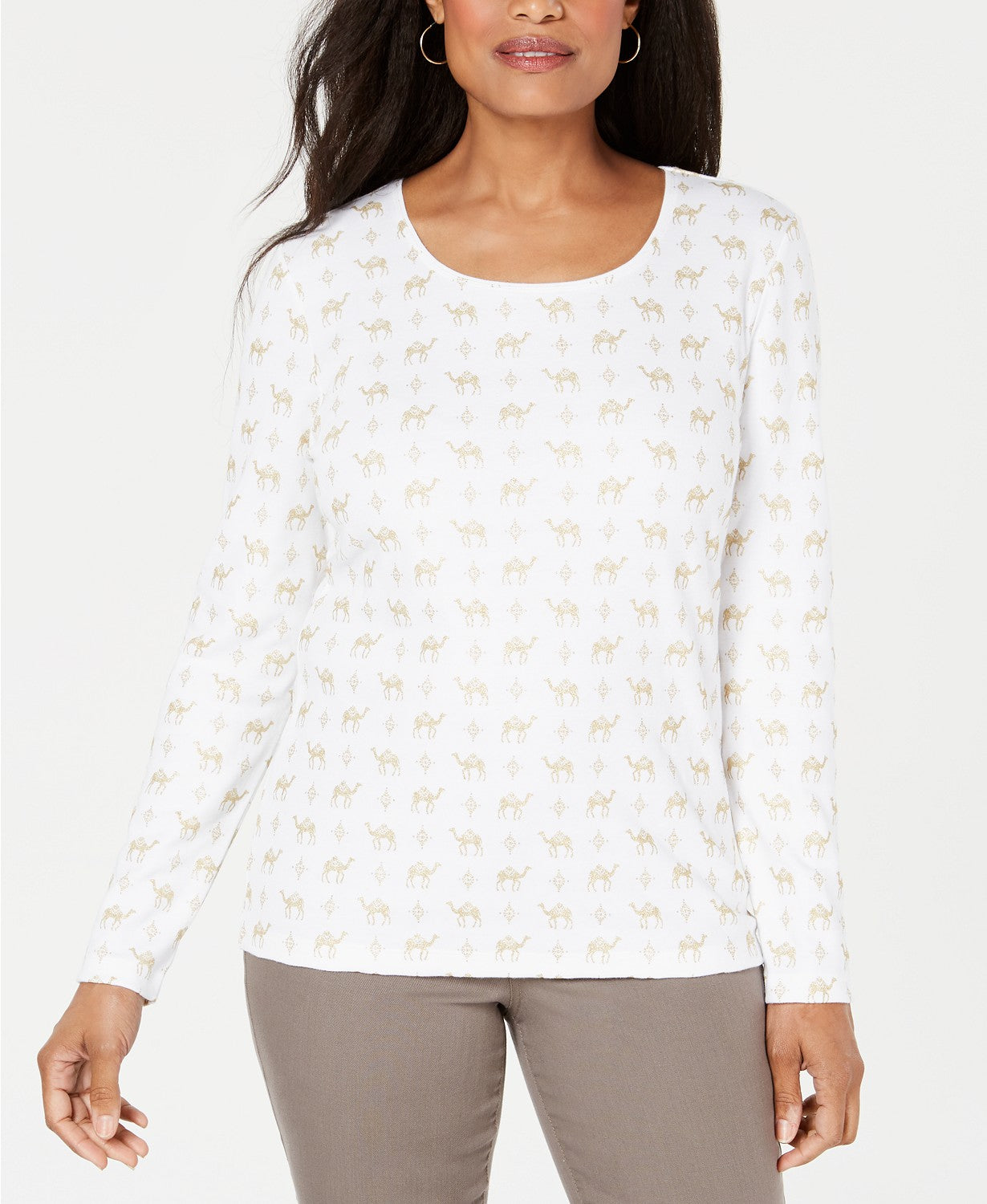 Karen Scott Top feminino pequeno com estampa de camelo, branco, tamanho médio