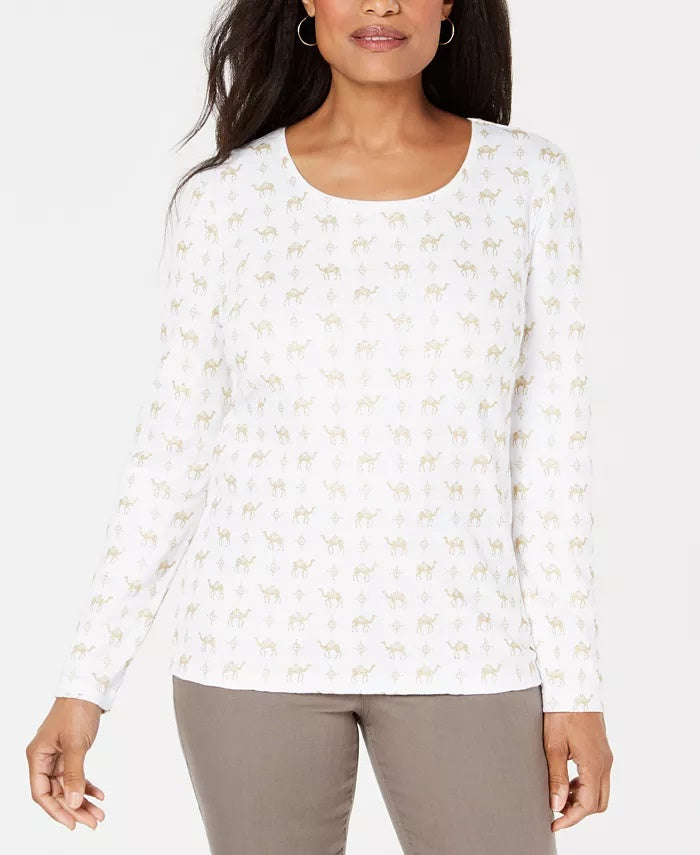 Karen Scott Top feminino pequeno com estampa de camelo, tamanho pequeno, branco