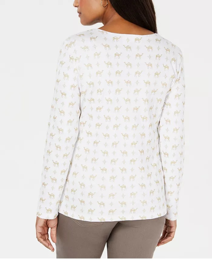 Karen Scott Blusa Feminina Petite com Estampa Camelo Branca Tamanho Petite Pequeno