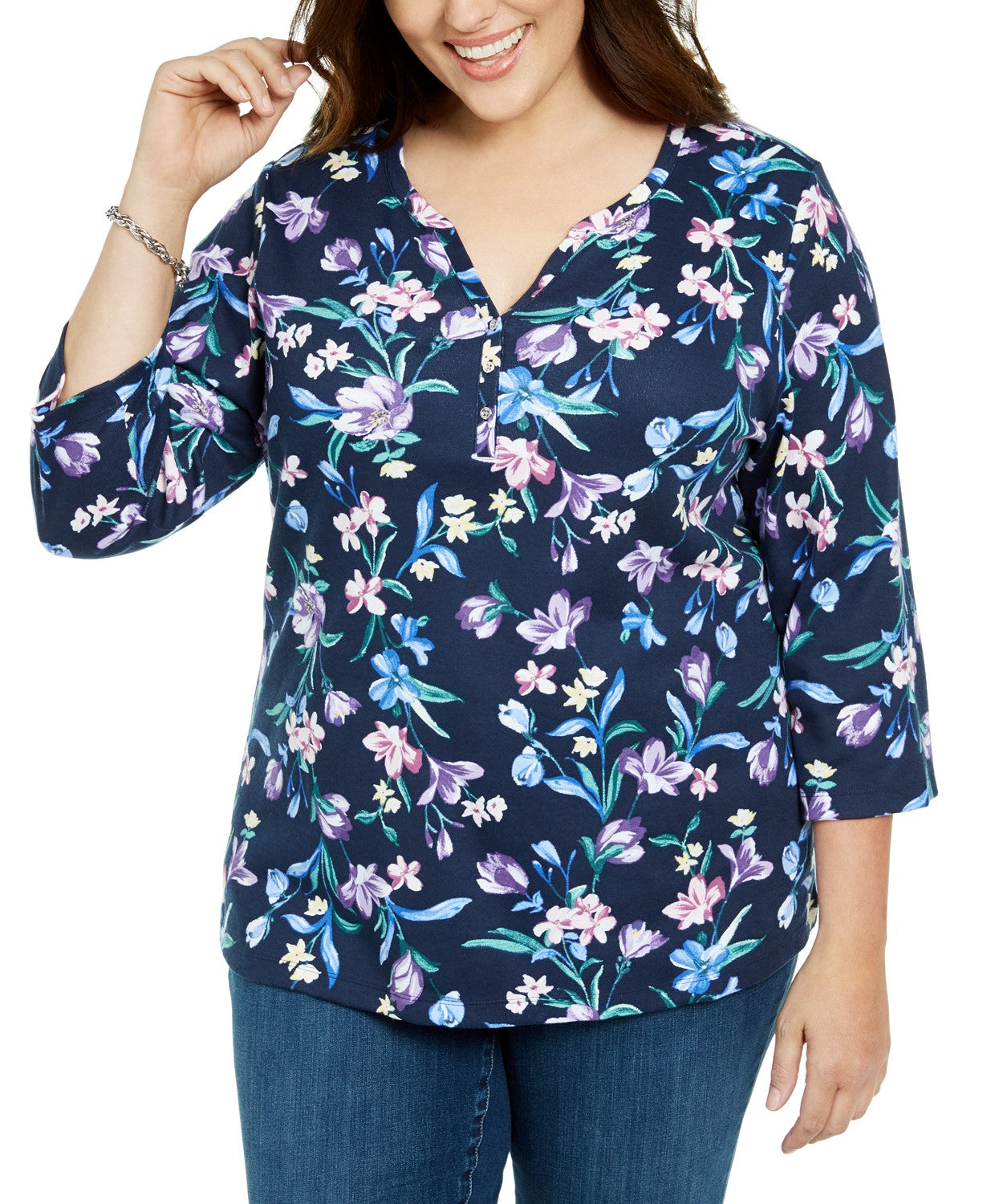 Karen Scott Blusa feminina plus size com decote dividido e estampa floral, azul, tamanho extragrande