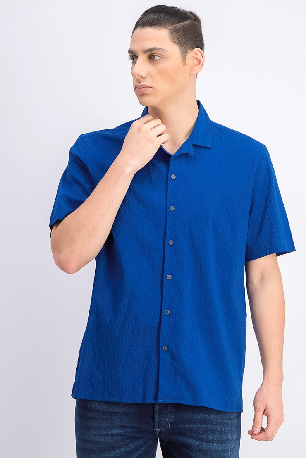 Camisa Seersucker Masculina Alfani Azul Tamanho Médio