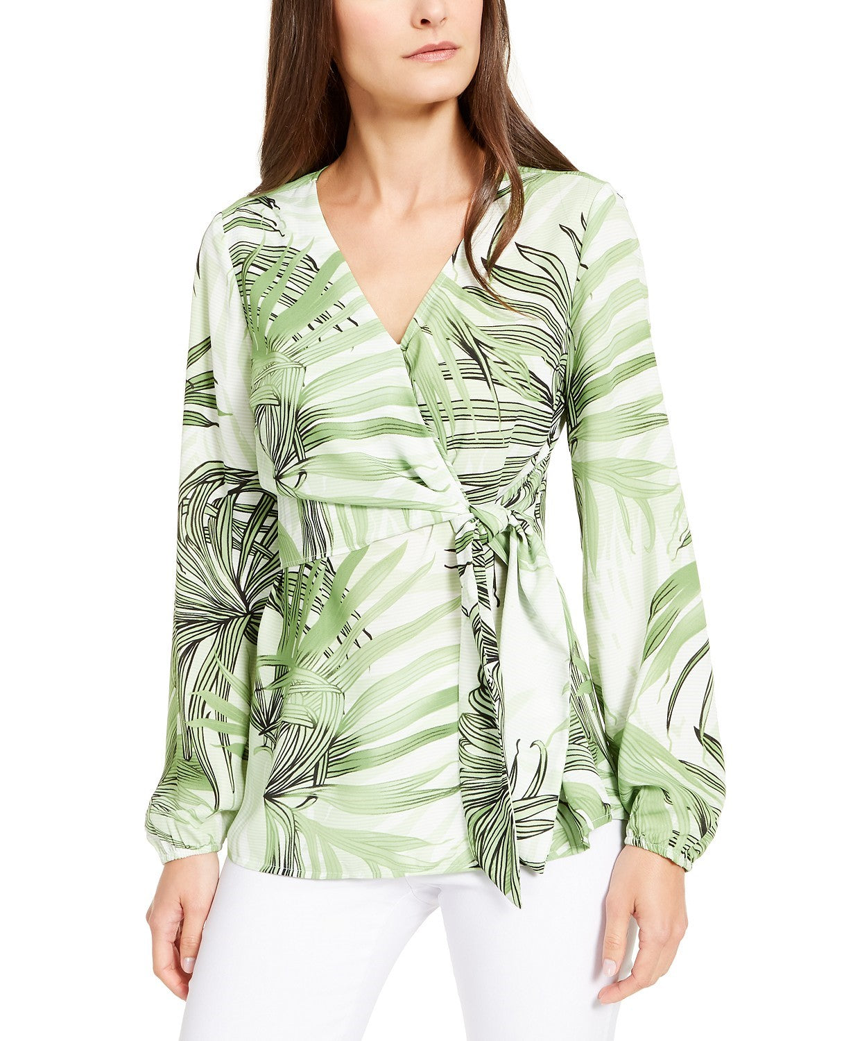 Blusa feminina Alfani Petite com estampa de manga sino, verde, tamanho pequeno