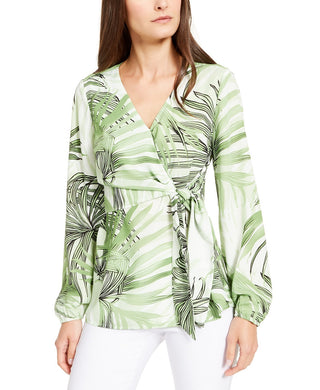 Blusa feminina Alfani Petite com estampa de manga sino, verde, tamanho pequeno