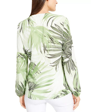 Blusa feminina Alfani Petite com estampa de manga sino, verde, tamanho pequeno